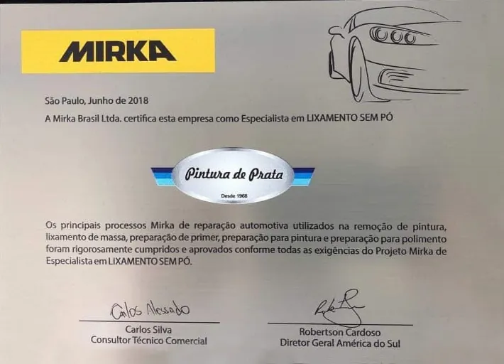 Certificado da Mirka Brasil reconhecendo a Pintura de Prata como Especialista em Lixamento Sem Pó, de junho de 2018